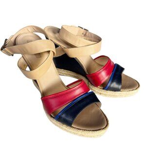 Longchamp Women's Sz 41 Finca Luisa Blue Red Jute Wedge Espadrille Sandals